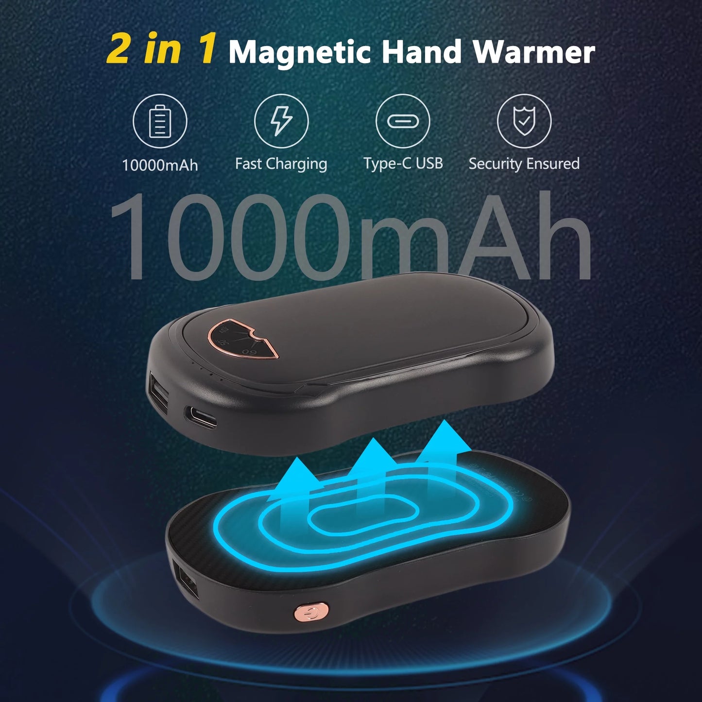 Hand Warmers Rechargeable 2 Pack,  10000 Mah Hot Hand Warmers , Electric USB Rechargeable Portable Hand Warmer, Reusable Hand Warmer for Camping, Fishing, Skiing, Hiking