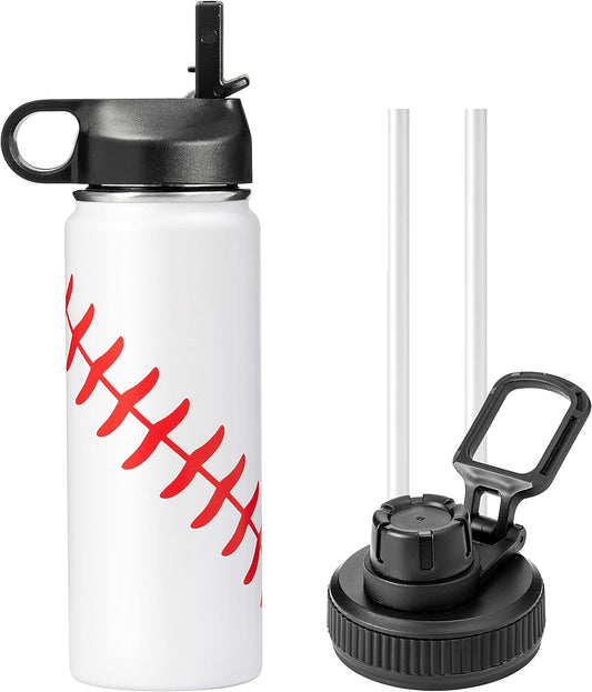 18Oz Insulated Water Bottle with Straw Thermos Water Bottles Baseball Water Bottle Wide Mouth Thermos Flasks Keep Drinks Cold or Hot (Baseball, 18Oz)