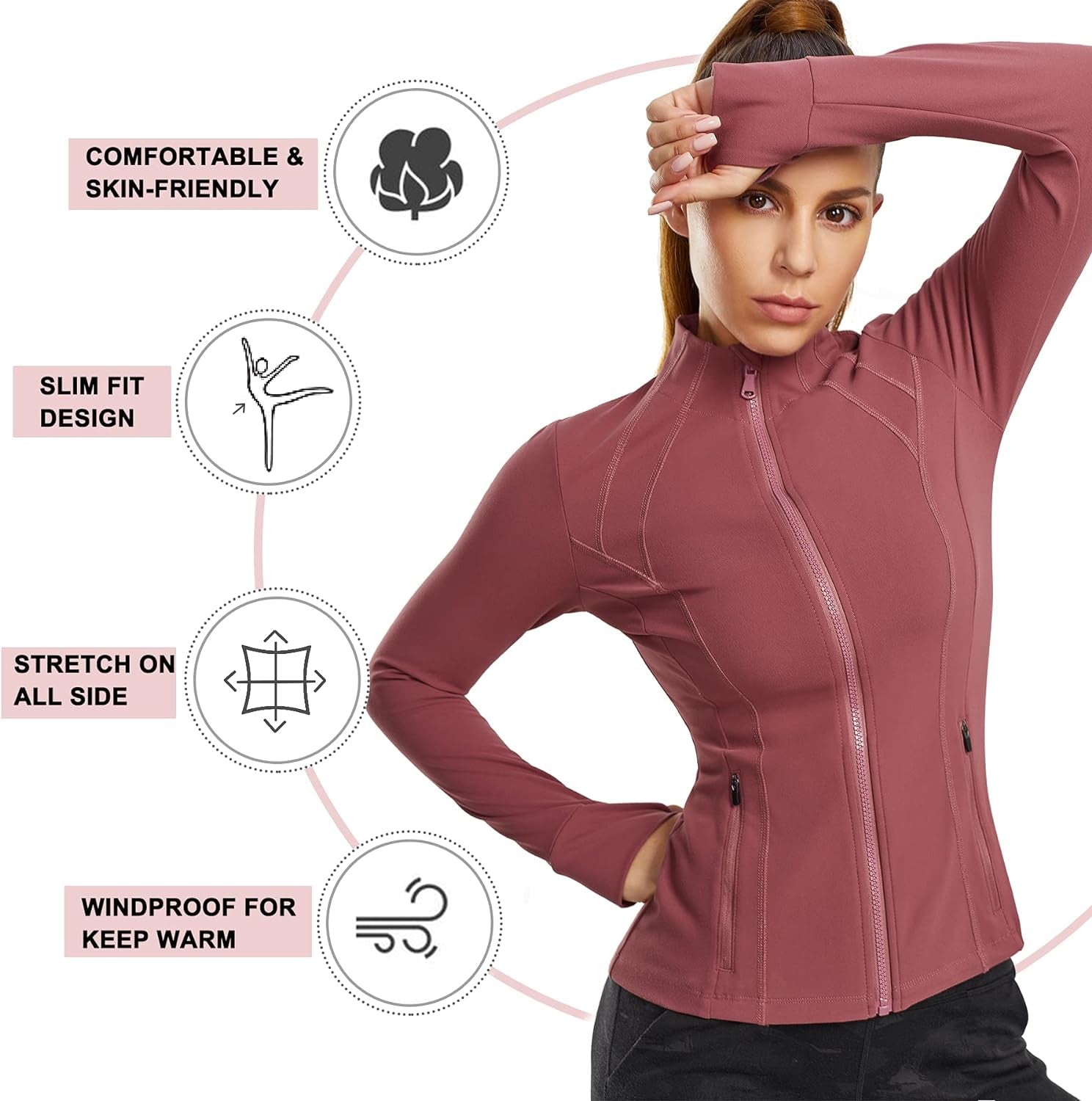 Women'S Sports Jacket Full Zip Workout Running Jacket Slim Fit Long Sleeve Yoga Track Jacket with Thumb Holes