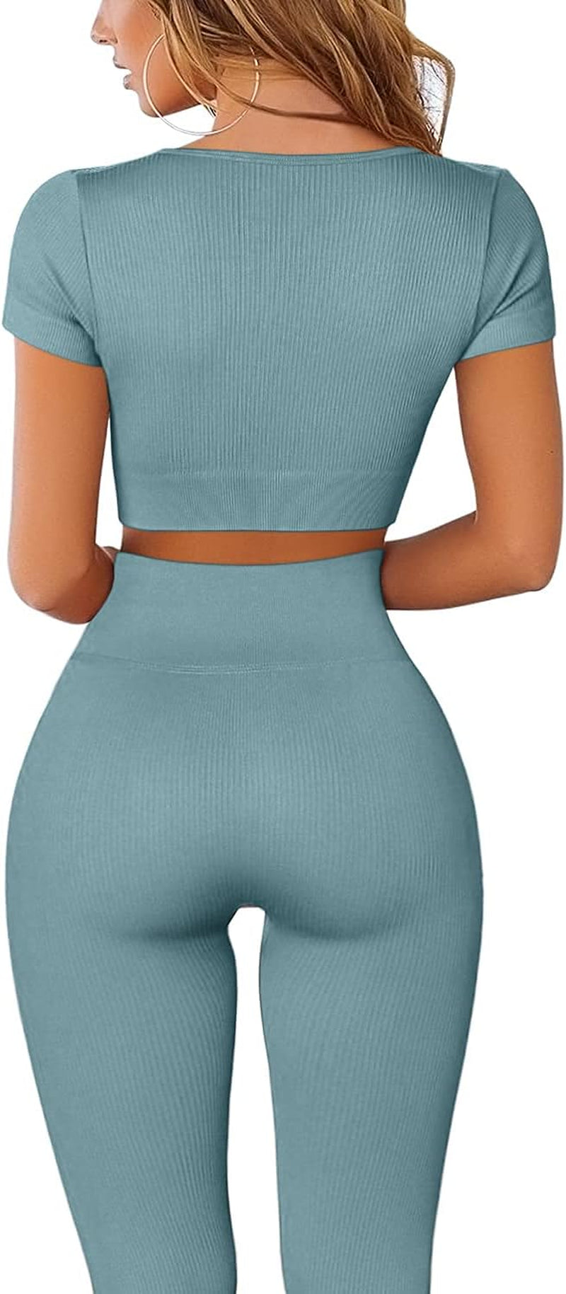 Workout Outfits for Women 2 Piece Ribbed Seamless High Waist Yoga Pants Set Blue L