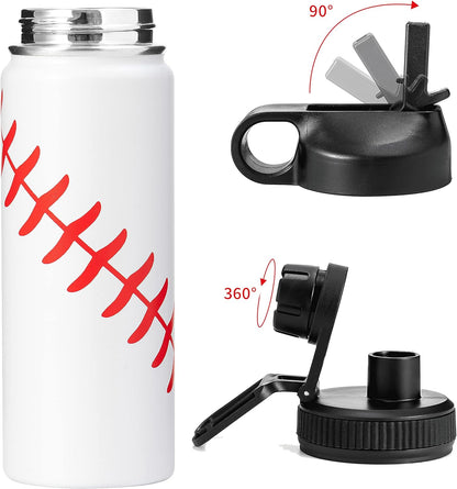 18Oz Insulated Water Bottle with Straw Thermos Water Bottles Baseball Water Bottle Wide Mouth Thermos Flasks Keep Drinks Cold or Hot (Baseball, 18Oz)