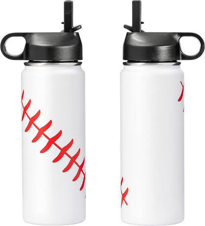 18Oz Insulated Water Bottle with Straw Thermos Water Bottles Baseball Water Bottle Wide Mouth Thermos Flasks Keep Drinks Cold or Hot (Baseball, 18Oz)